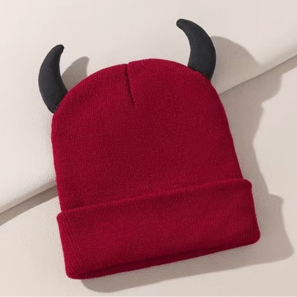 3 pack 1 red 1 pink 1 white knit beanie cap horns devil hat winter goth punk emo - Picture 8 of 12
